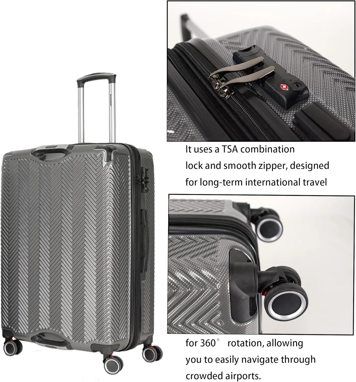 3 in 1 Large Capacity Travel Storage Expandable Suitcase Luggage Set - PC Material Suitcase Set Carry-On (20-25-29in) (GREY)