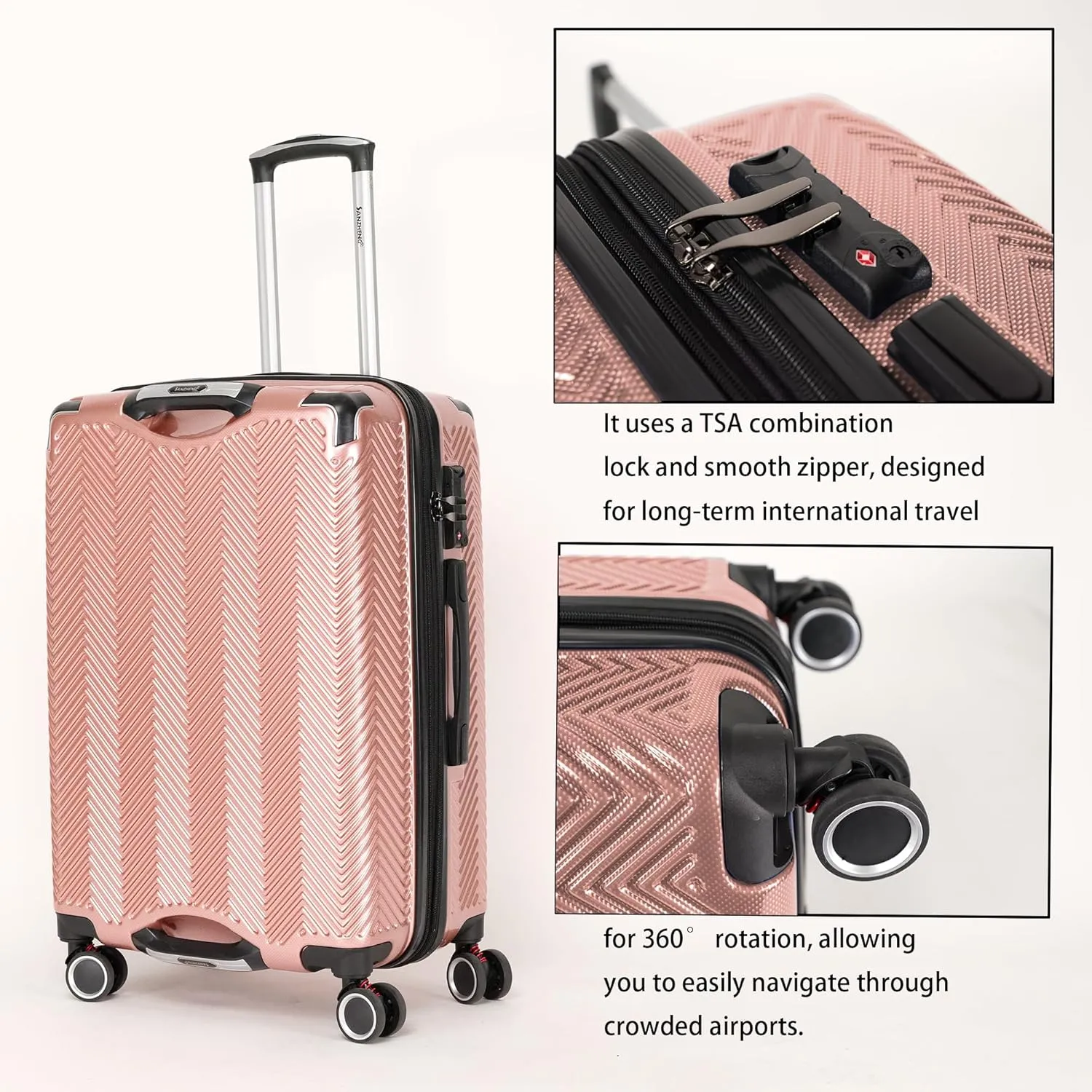 3 in 1 Large Capacity Travel Storage Expandable Suitcase Luggage Set - PC Material Suitcase Set Carry-On (20-25-29in) (ROSE GOLD)