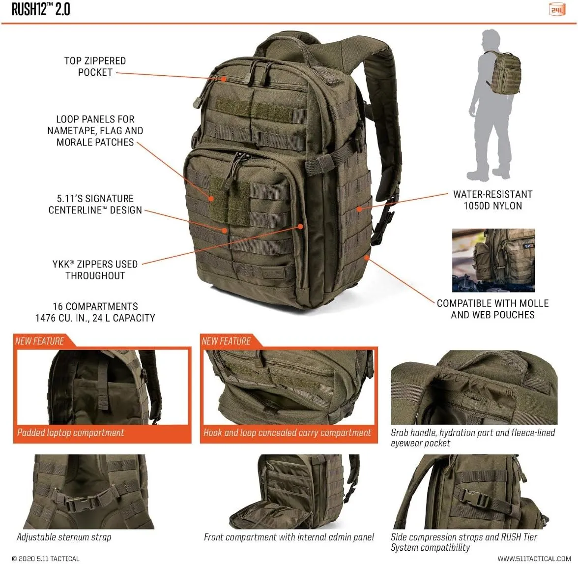 5.11 Tactical Backpack  Rush 12 2.0  Military Molle Pack, CCW with Multiple Compartments, 24 Liter, Small, Style 56561, Kangaroo
