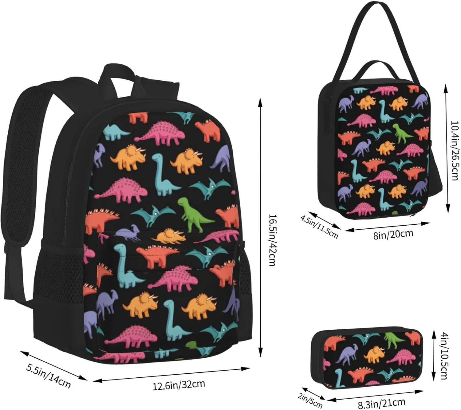 AMRANDOM 3 in 1 Backpack Set for Unisex Cute Dinosaurs Backpack with Lunch Bag