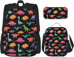 AMRANDOM 3 in 1 Backpack Set for Unisex Cute Dinosaurs Backpack with Lunch Bag