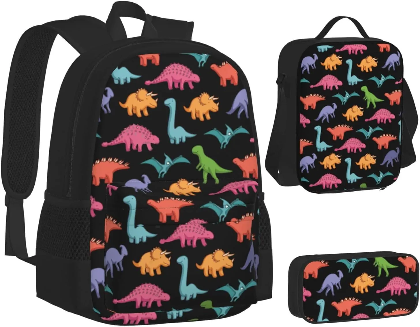AMRANDOM 3 in 1 Backpack Set for Unisex Cute Dinosaurs Backpack with Lunch Bag