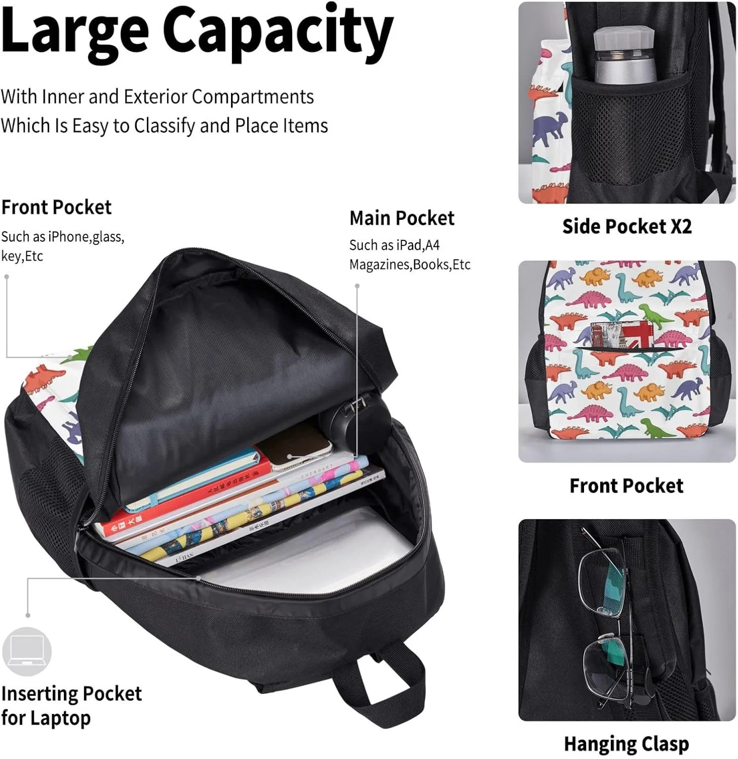 AMRANDOM 3 in 1 Backpack Set for Unisex Cute Dinosaurs Backpack with Lunch Bag