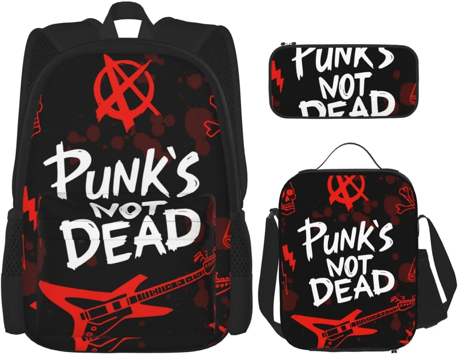 AMRANDOM 3 in 1 Backpack Set for Unisex Punk rock set skull punks not dead words red black Backpack with Lunch Bag
