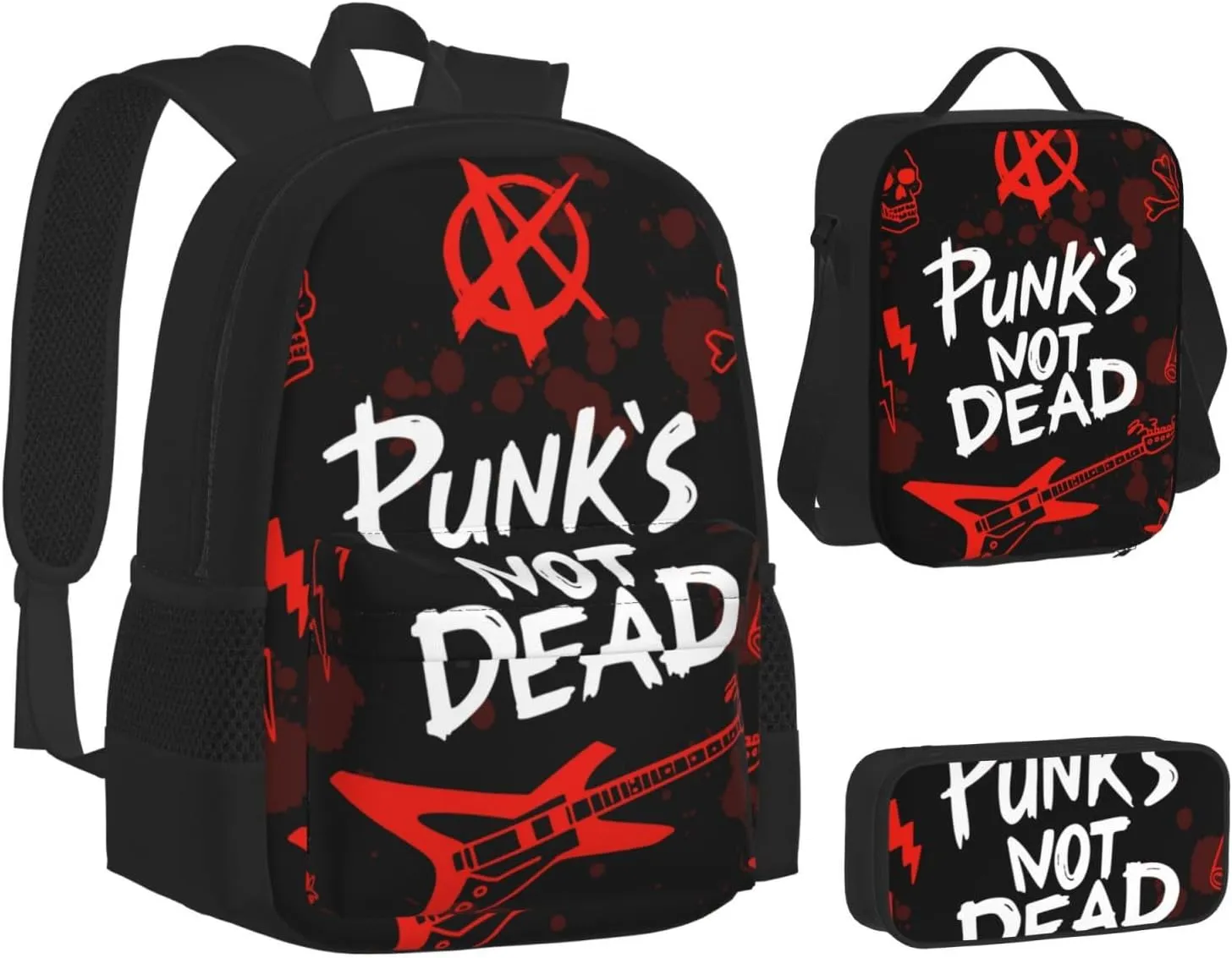 AMRANDOM 3 in 1 Backpack Set for Unisex Punk rock set skull punks not dead words red black Backpack with Lunch Bag