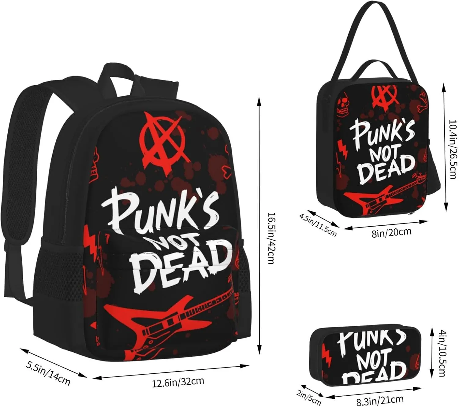 AMRANDOM 3 in 1 Backpack Set for Unisex Punk rock set skull punks not dead words red black Backpack with Lunch Bag