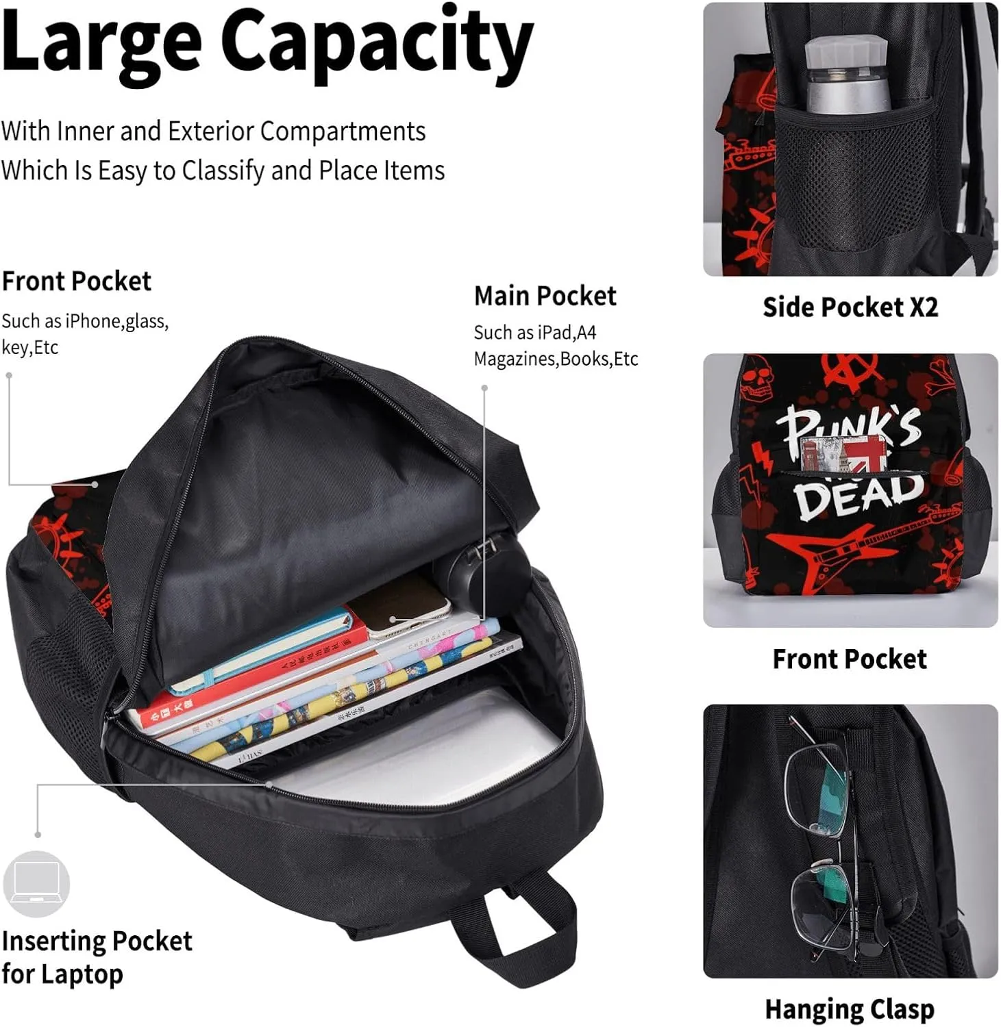 AMRANDOM 3 in 1 Backpack Set for Unisex Punk rock set skull punks not dead words red black Backpack with Lunch Bag