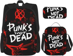 AMRANDOM 3 in 1 Backpack Set for Unisex Punk rock set skull punks not dead words red black Backpack with Lunch Bag