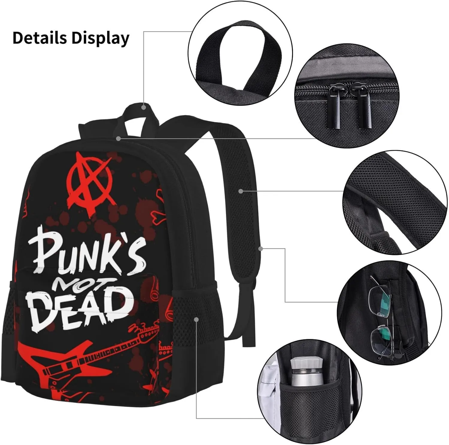 AMRANDOM 3 in 1 Backpack Set for Unisex Punk rock set skull punks not dead words red black Backpack with Lunch Bag