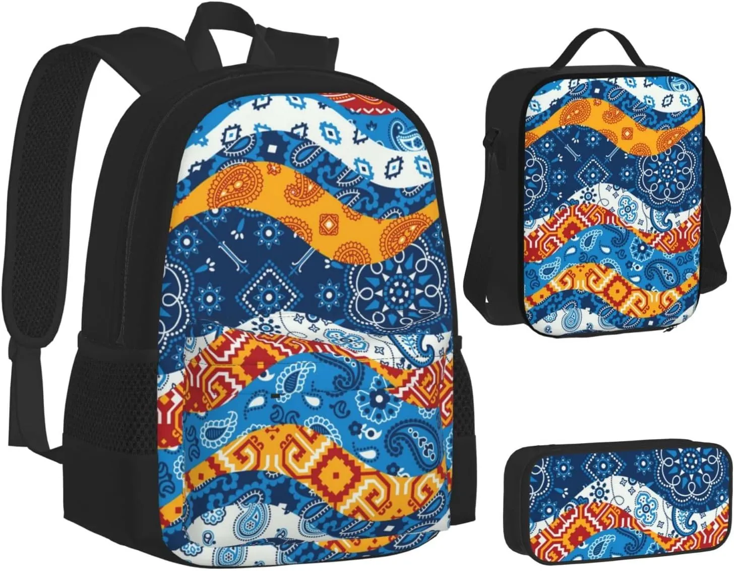 AMRANDOM 3 In 1 Bookpack Set With Lunch Bag (colorful paisley wave)