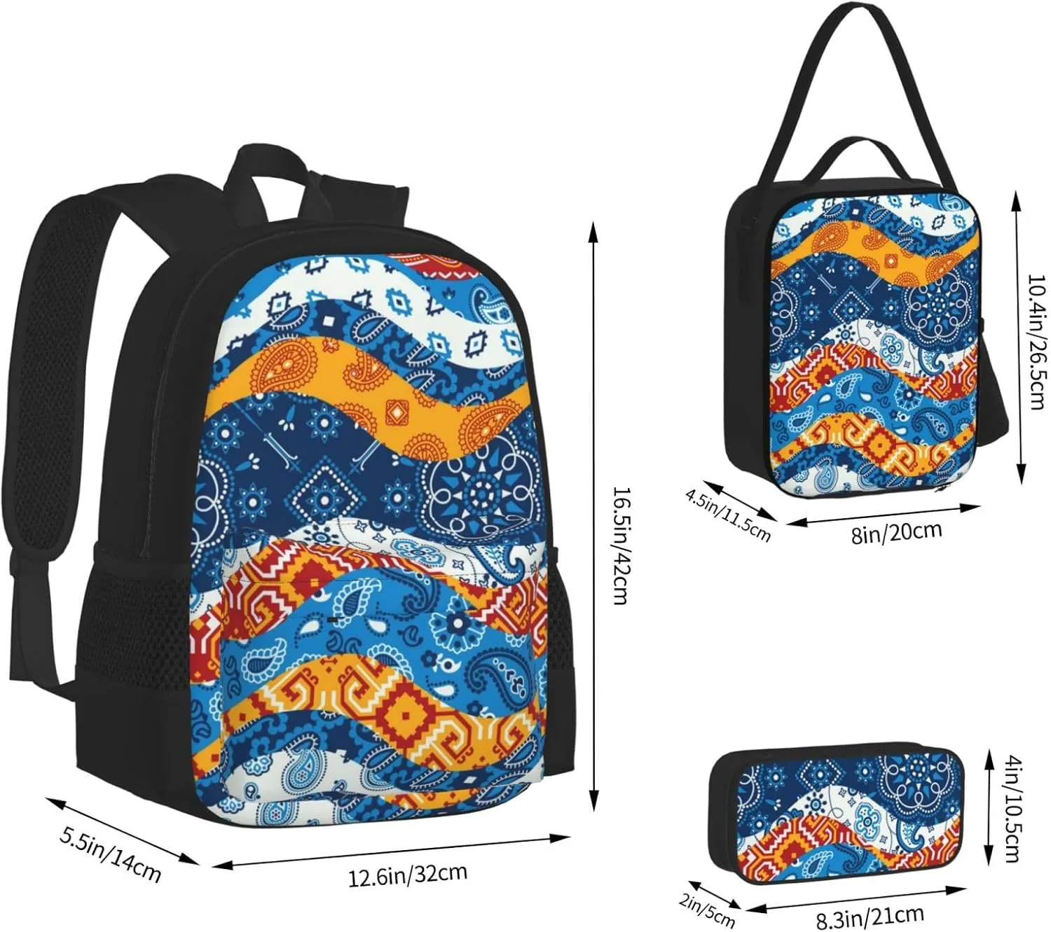 AMRANDOM 3 In 1 Bookpack Set With Lunch Bag (colorful paisley wave)
