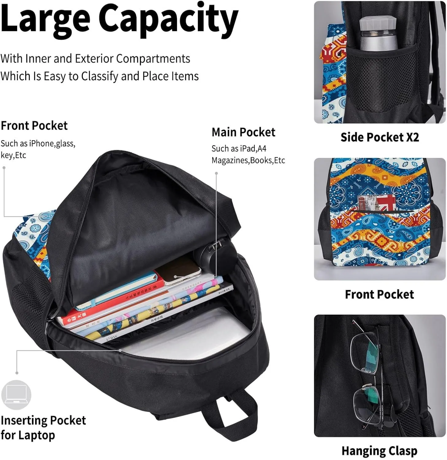AMRANDOM 3 In 1 Bookpack Set With Lunch Bag (colorful paisley wave)