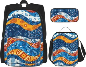 AMRANDOM 3 In 1 Bookpack Set With Lunch Bag (colorful paisley wave)