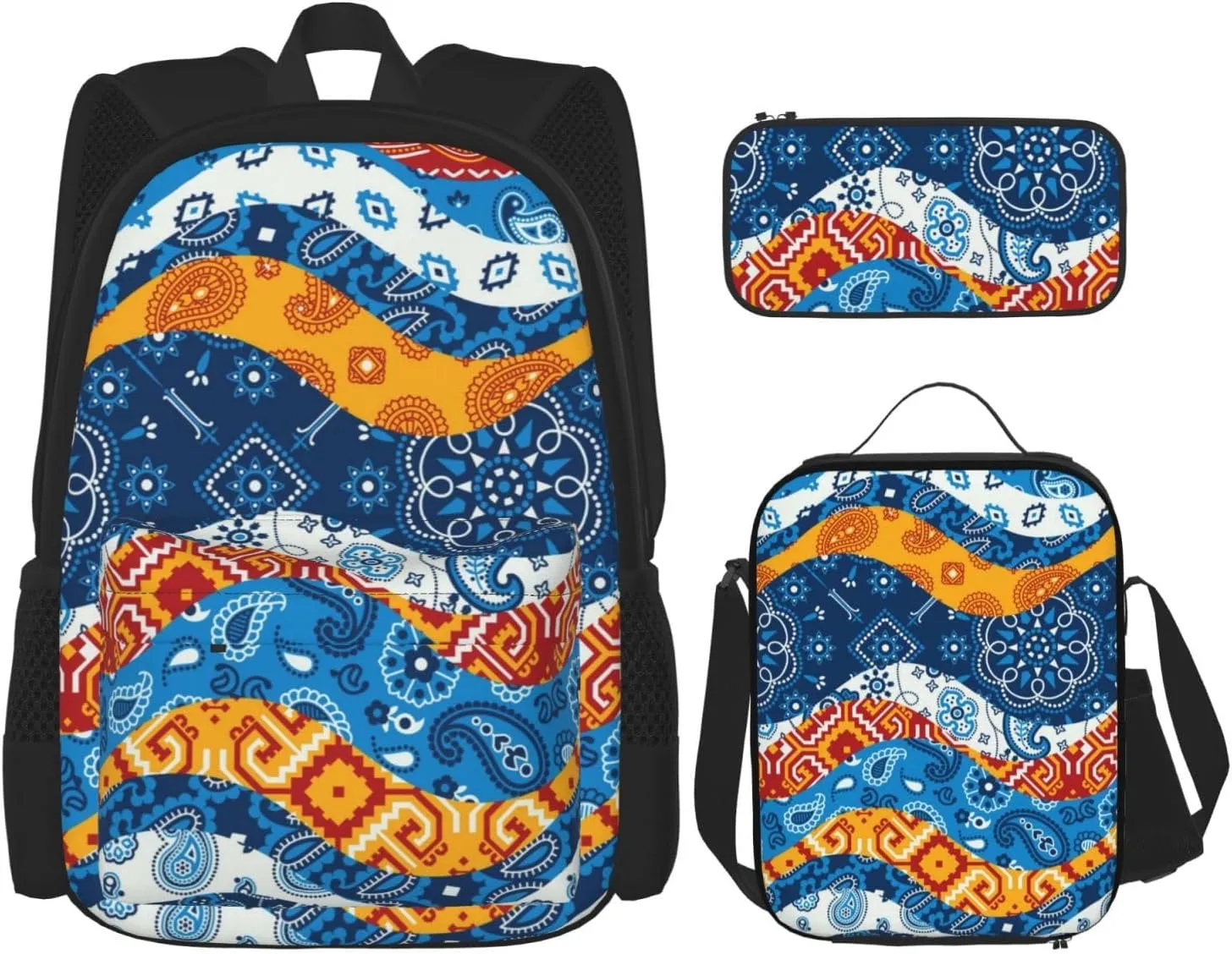 AMRANDOM 3 In 1 Bookpack Set With Lunch Bag (colorful paisley wave)