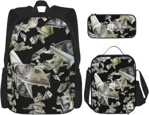 AMRANDOM 3 In 1 Bookpack Set With Lunch Bag (falling money american bill dollars)
