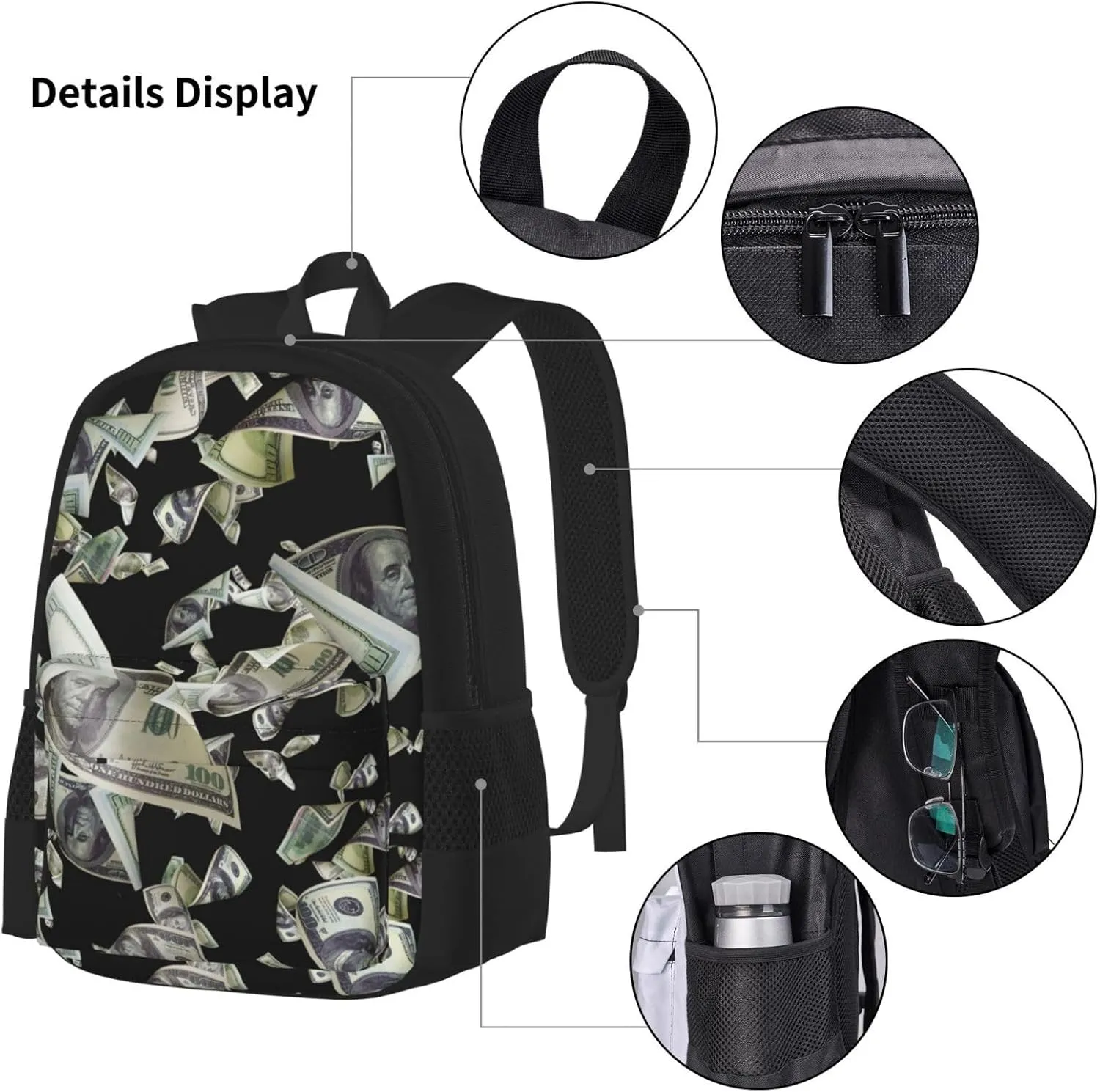 AMRANDOM 3 In 1 Bookpack Set With Lunch Bag (falling money american bill dollars)