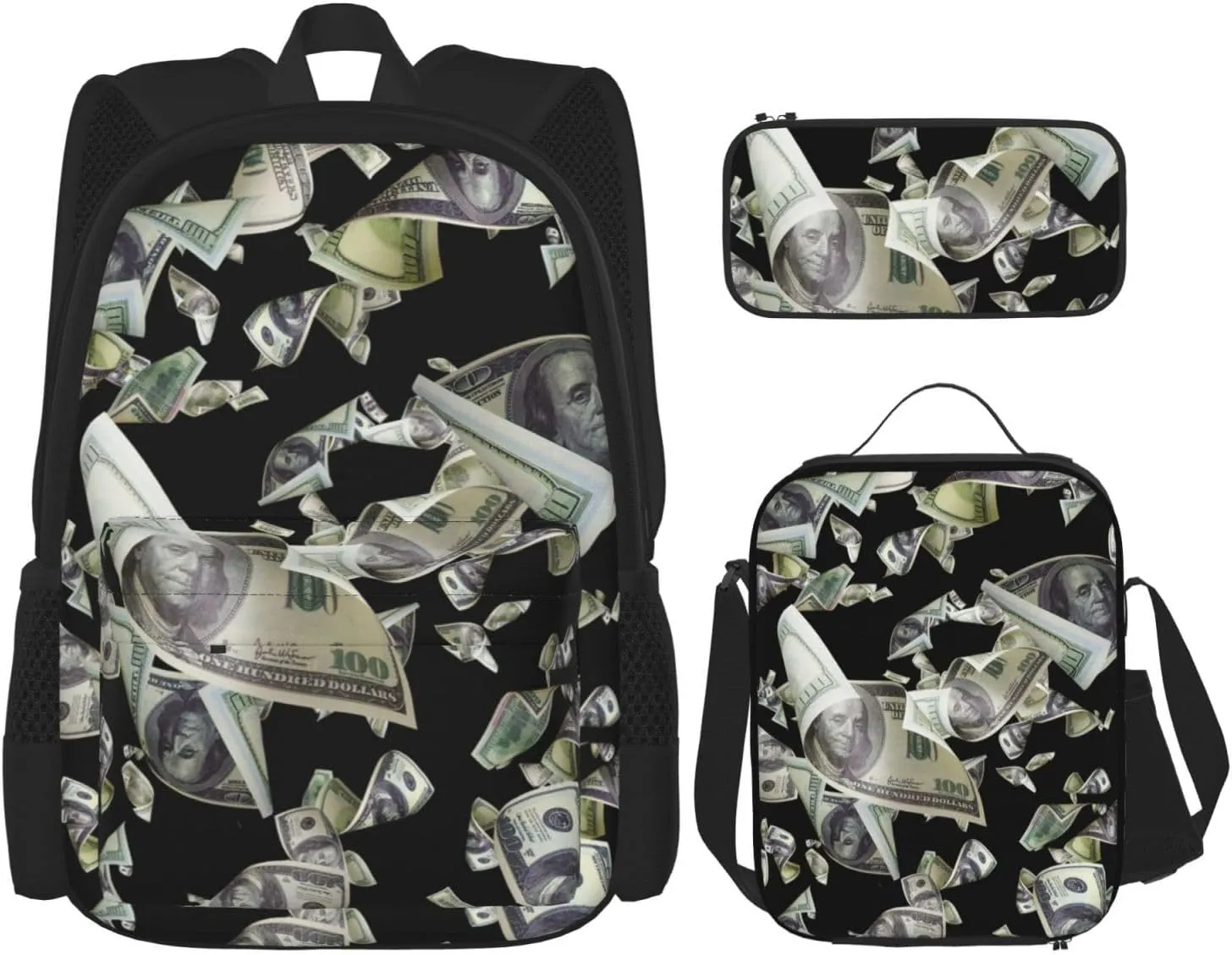 AMRANDOM 3 In 1 Bookpack Set With Lunch Bag (falling money american bill dollars)