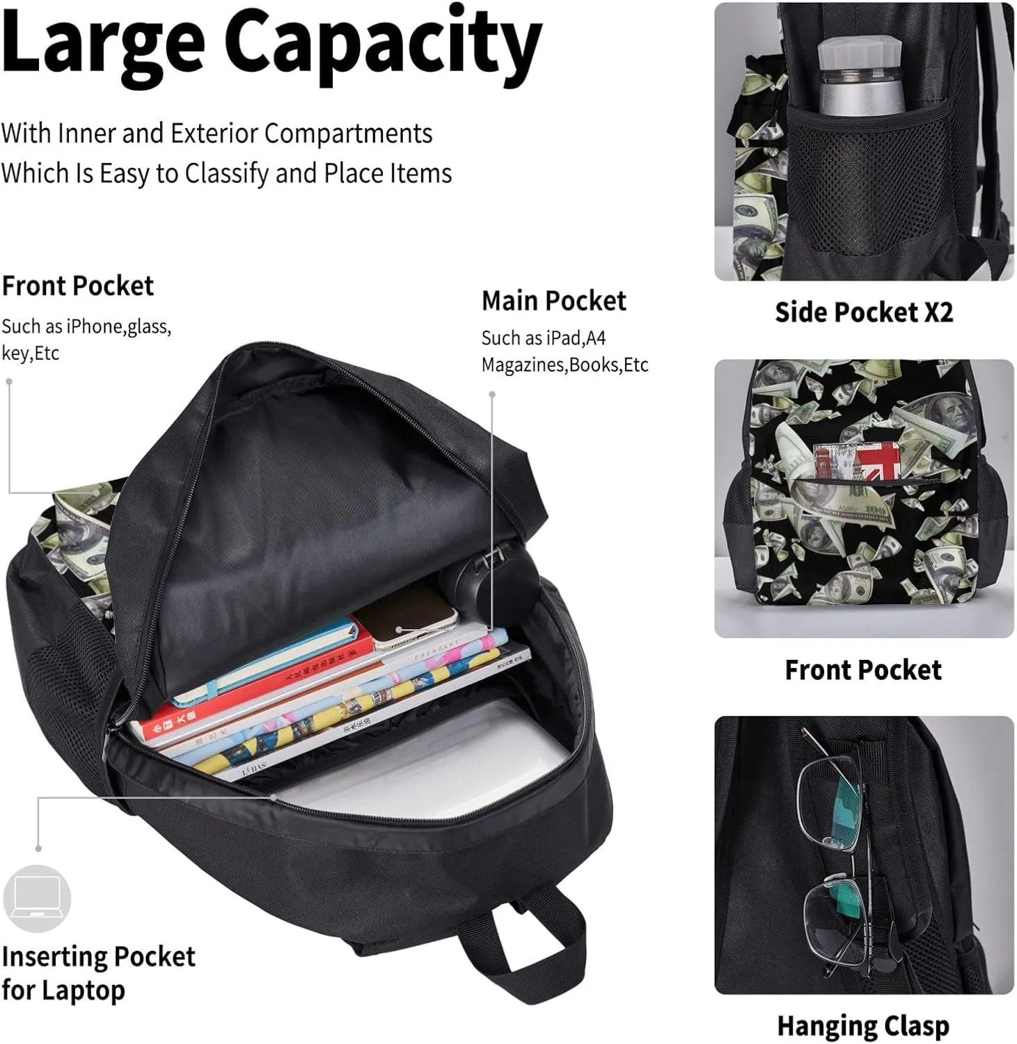 AMRANDOM 3 In 1 Bookpack Set With Lunch Bag (falling money american bill dollars)
