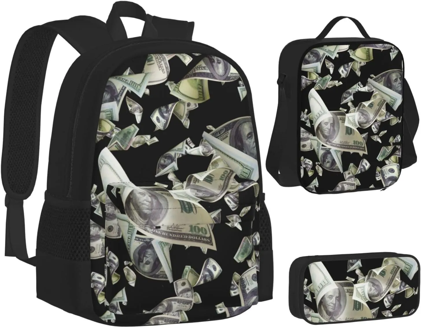 AMRANDOM 3 In 1 Bookpack Set With Lunch Bag (falling money american bill dollars)