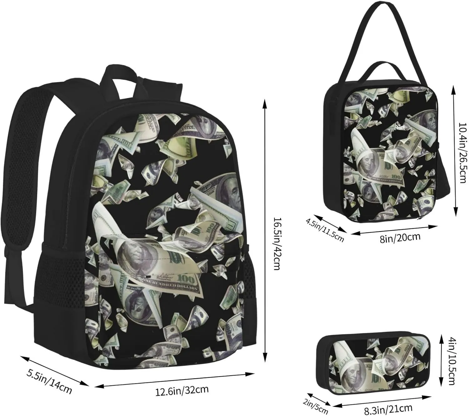 AMRANDOM 3 In 1 Bookpack Set With Lunch Bag (falling money american bill dollars)