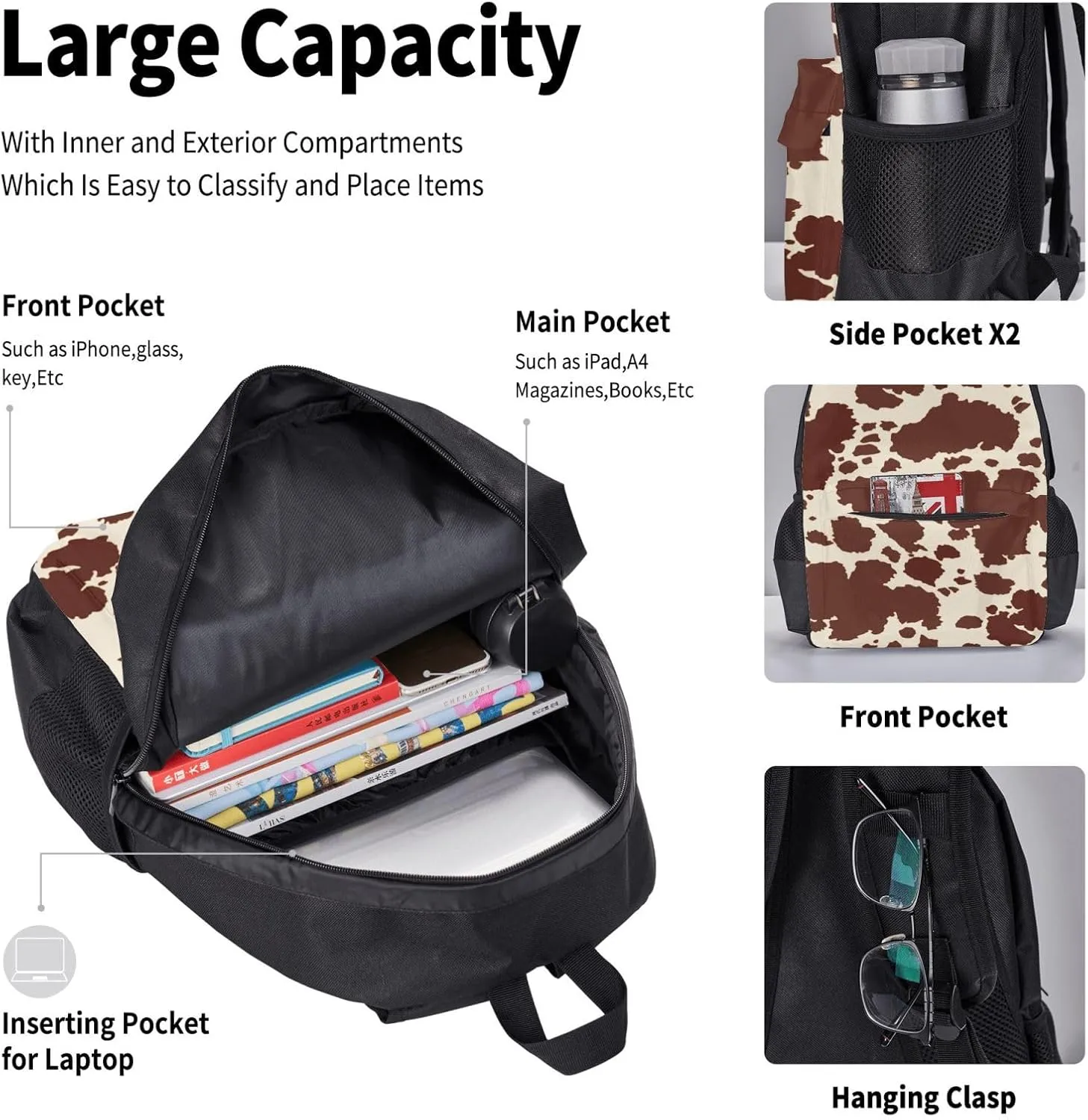 AMRANDOM Backpack Set 3-in-1 (brown milk cow print)