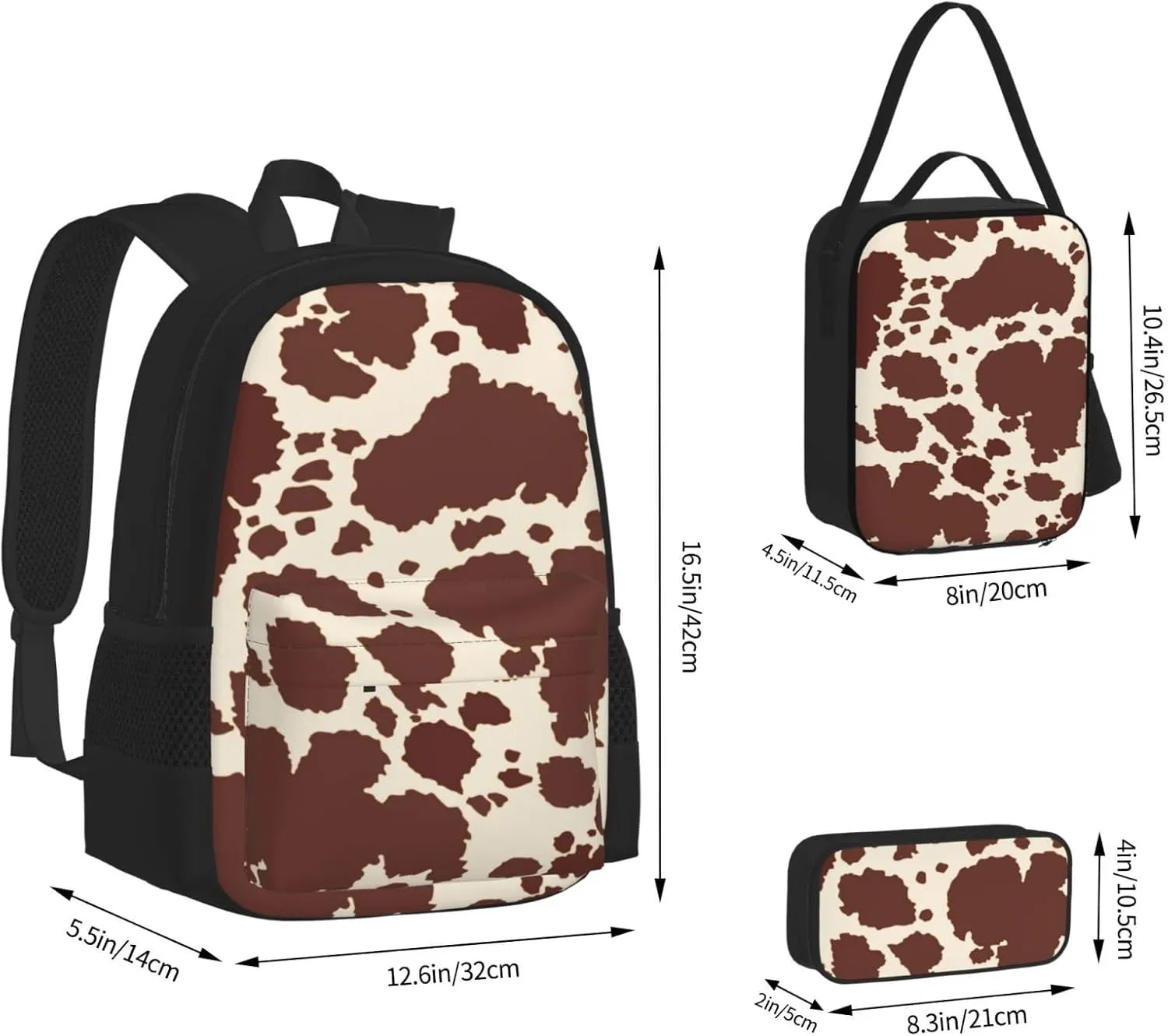 AMRANDOM Backpack Set 3-in-1 (brown milk cow print)