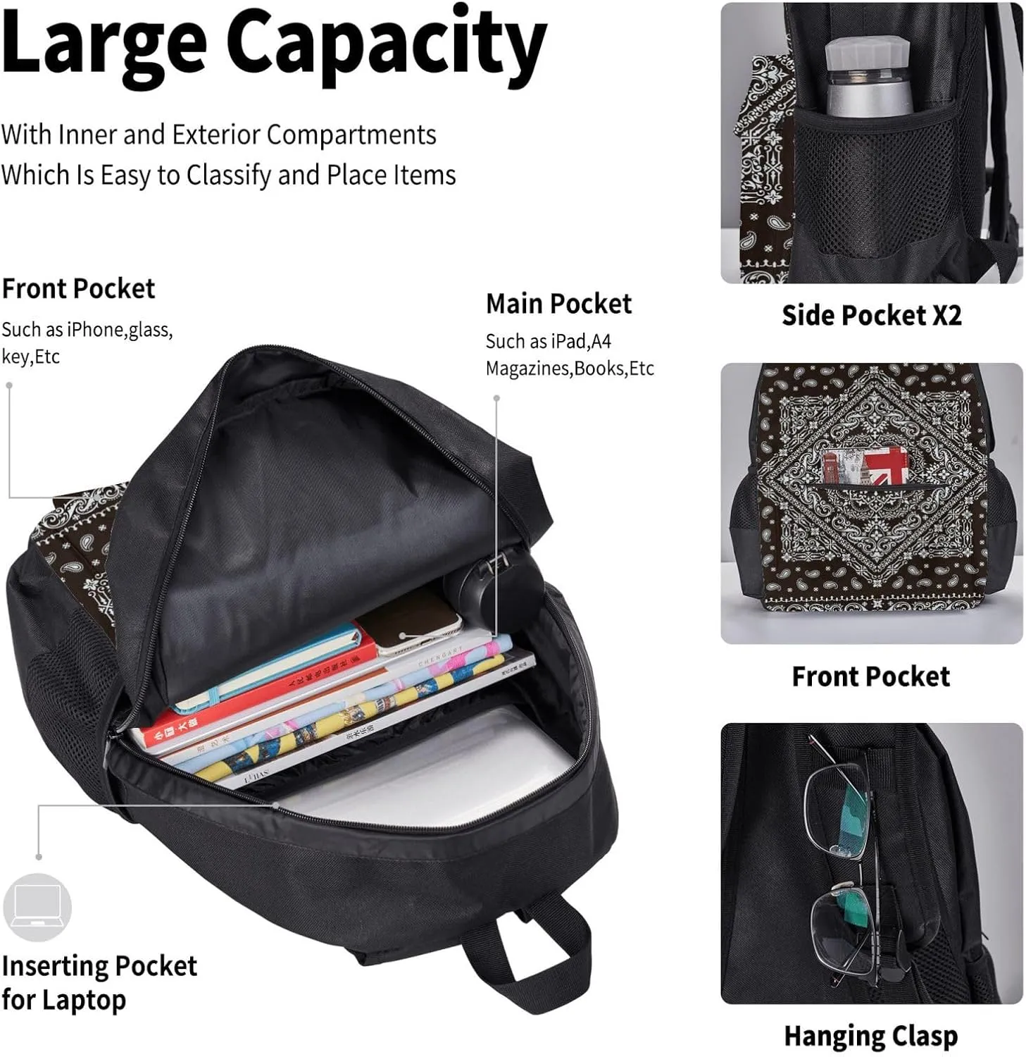 AMRANDOM Backpack Set 3-in-1 (Traditional floral paisley bandanna pattern (15))