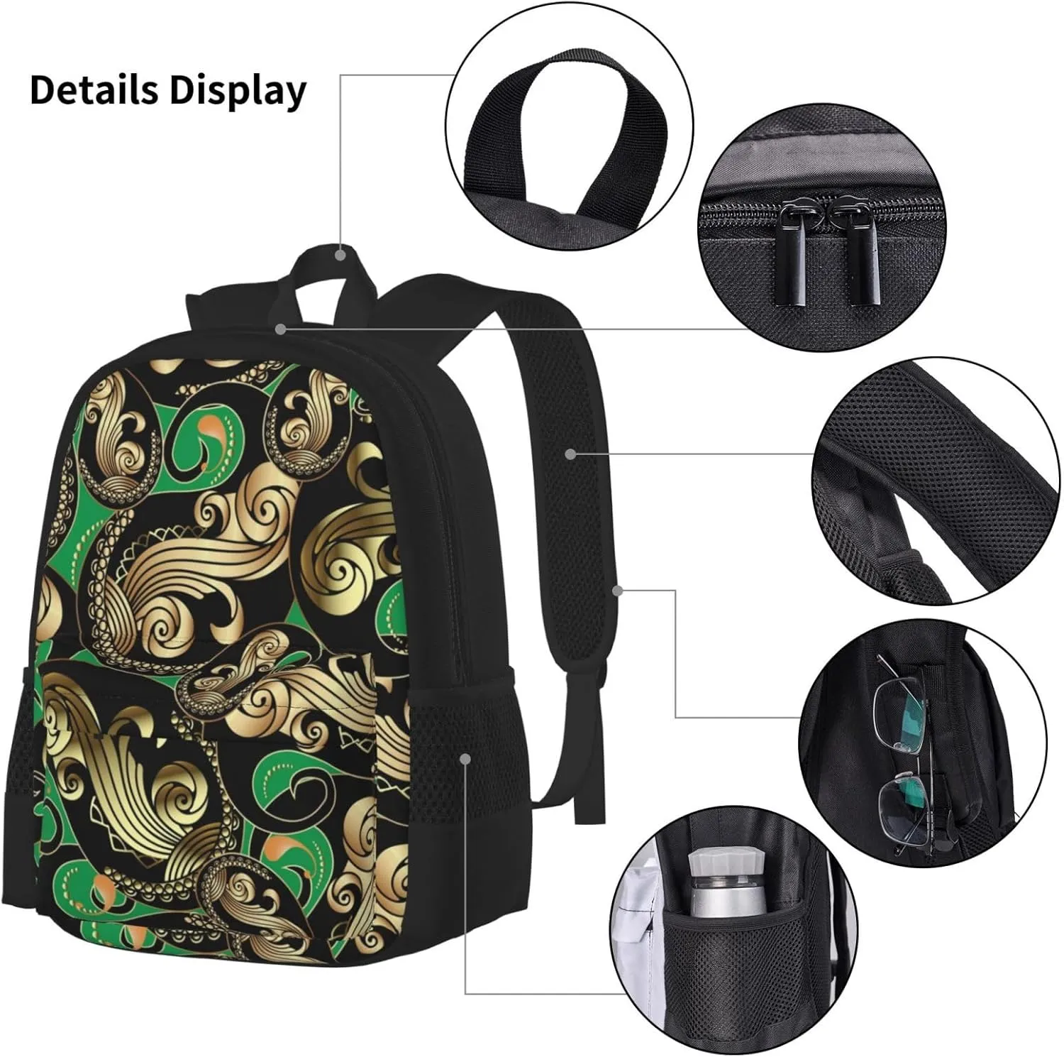 AMRANDOM gold and black vintage paisley green Backpack Set Lunch Bag 3 in 1 Bookbags