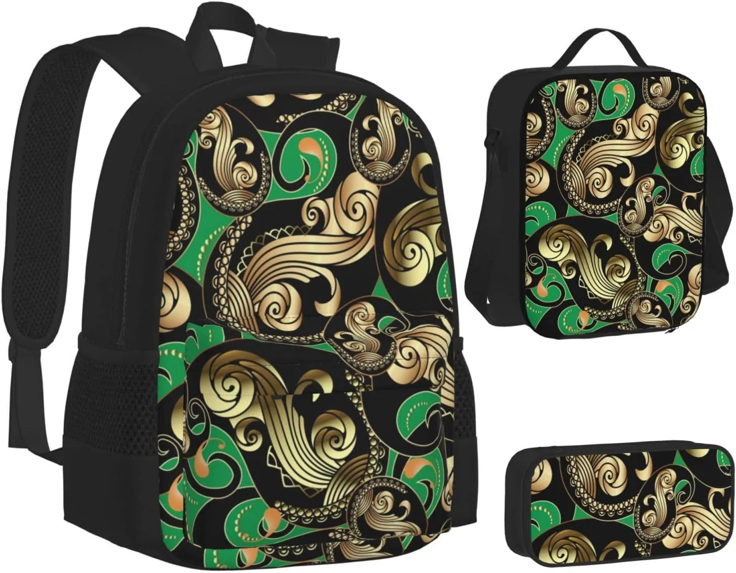 AMRANDOM gold and black vintage paisley green Backpack Set Lunch Bag 3 in 1 Bookbags