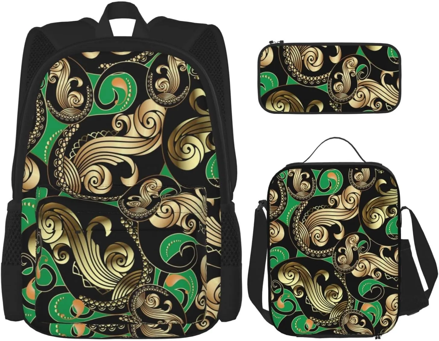 AMRANDOM gold and black vintage paisley green Backpack Set Lunch Bag 3 in 1 Bookbags