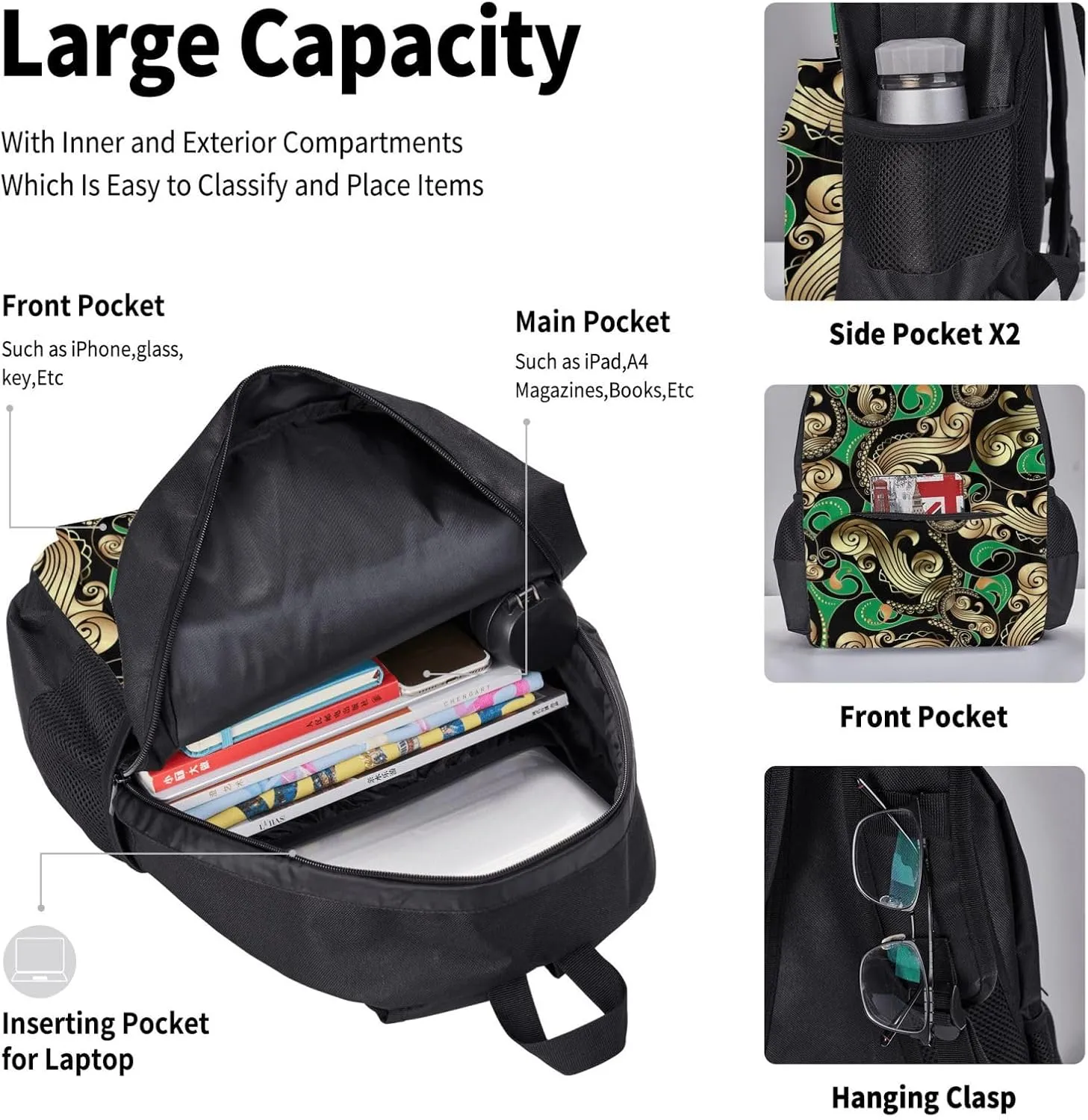 AMRANDOM gold and black vintage paisley green Backpack Set Lunch Bag 3 in 1 Bookbags