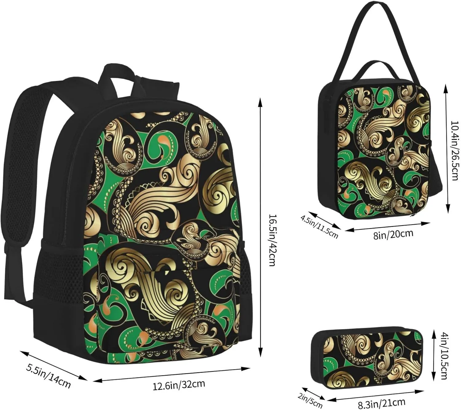 AMRANDOM gold and black vintage paisley green Backpack Set Lunch Bag 3 in 1 Bookbags