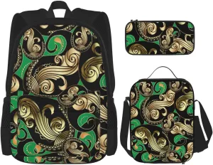AMRANDOM gold and black vintage paisley green Backpack Set Lunch Bag 3 in 1 Bookbags