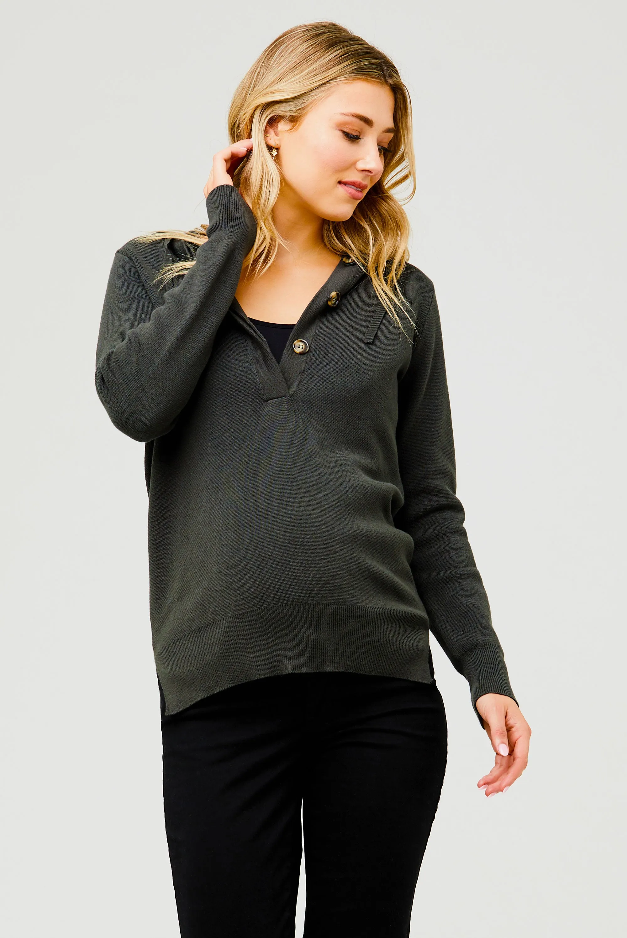 Ana Cotton Knit Maternity Nursing Hoodie Dark Green Moss Ripe