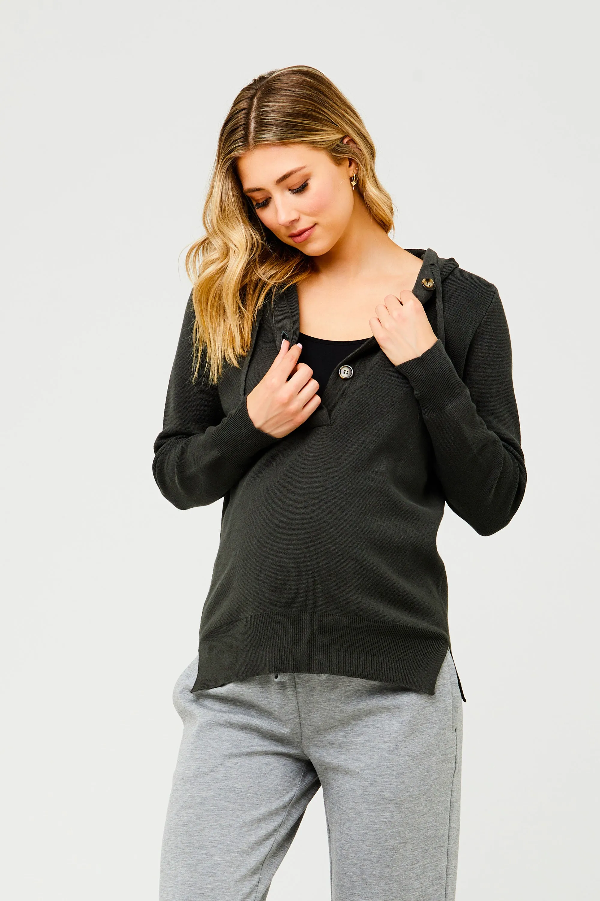 Ana Cotton Knit Maternity Nursing Hoodie Dark Green Moss Ripe