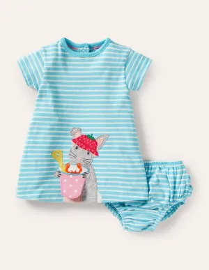 Appliqué Jersey Dress-Aqua/Ivory Bunny