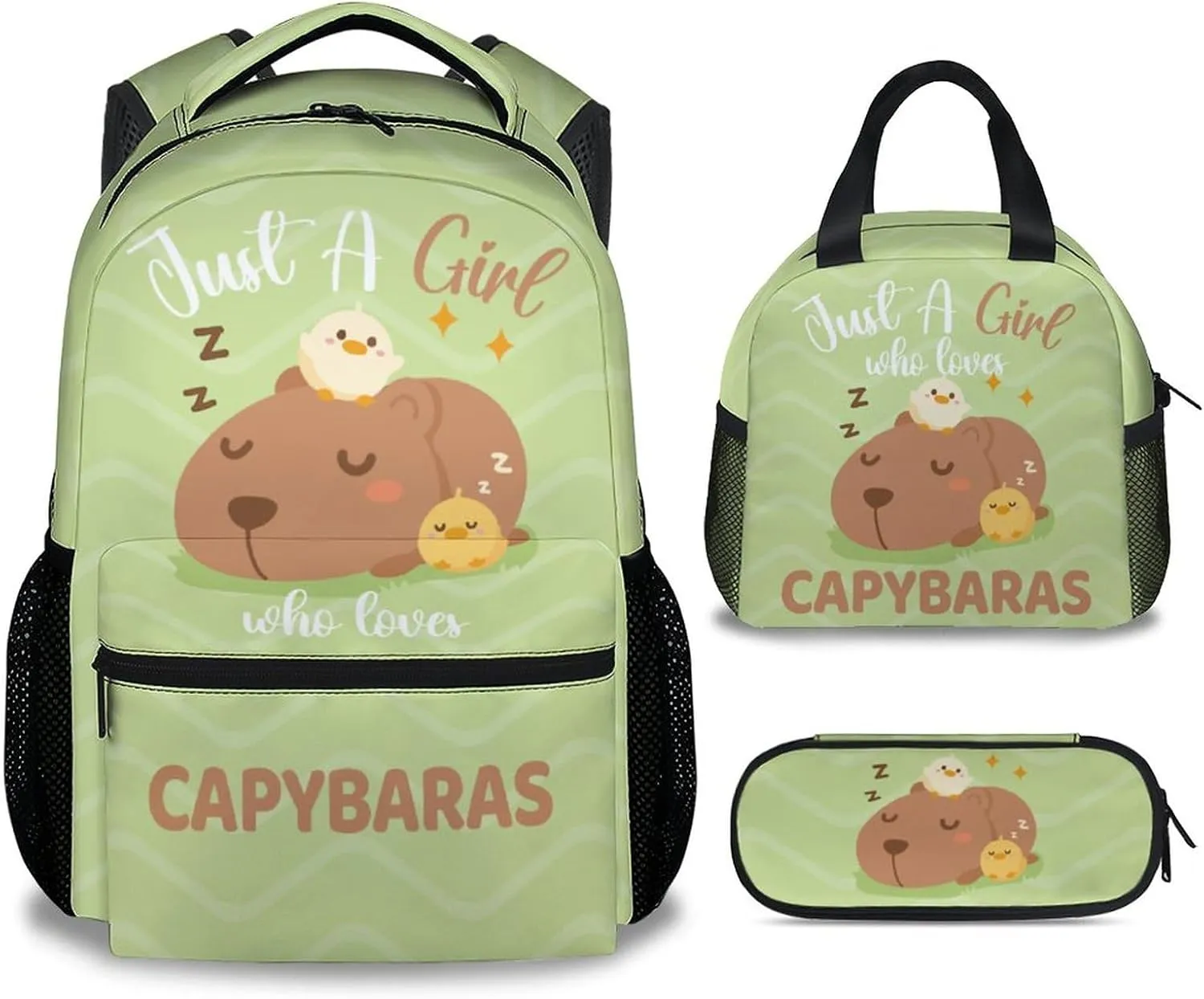 Backpack with Lunch Box Set for Girls - 3 in 1 Primary Middle School Backpacks Matching Combo - Large Capacity, Durable, Lightweight, Green Bookbag and Pencil Case Bundle