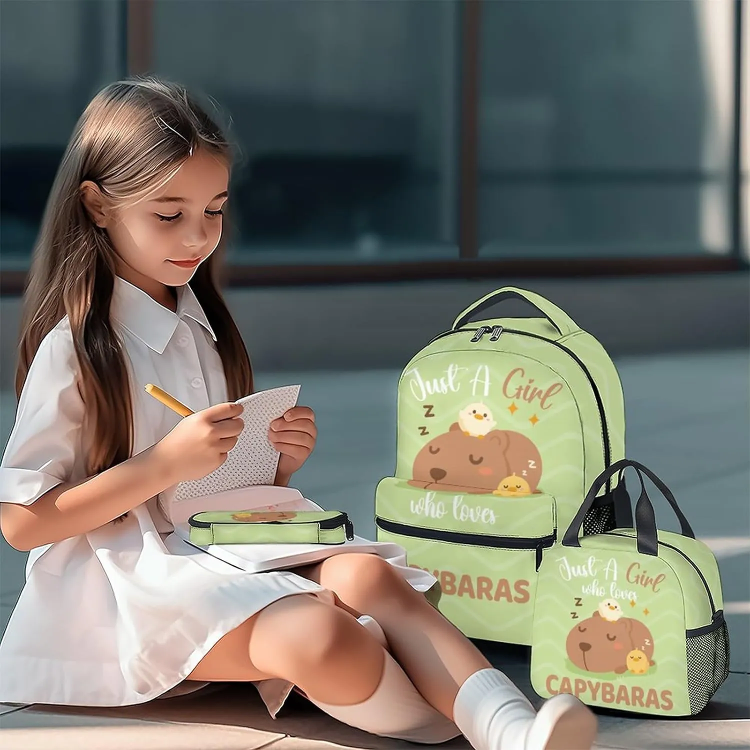 Backpack with Lunch Box Set for Girls - 3 in 1 Primary Middle School Backpacks Matching Combo - Large Capacity, Durable, Lightweight, Green Bookbag and Pencil Case Bundle