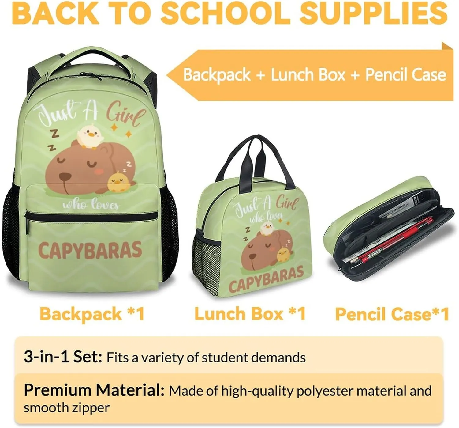Backpack with Lunch Box Set for Girls - 3 in 1 Primary Middle School Backpacks Matching Combo - Large Capacity, Durable, Lightweight, Green Bookbag and Pencil Case Bundle