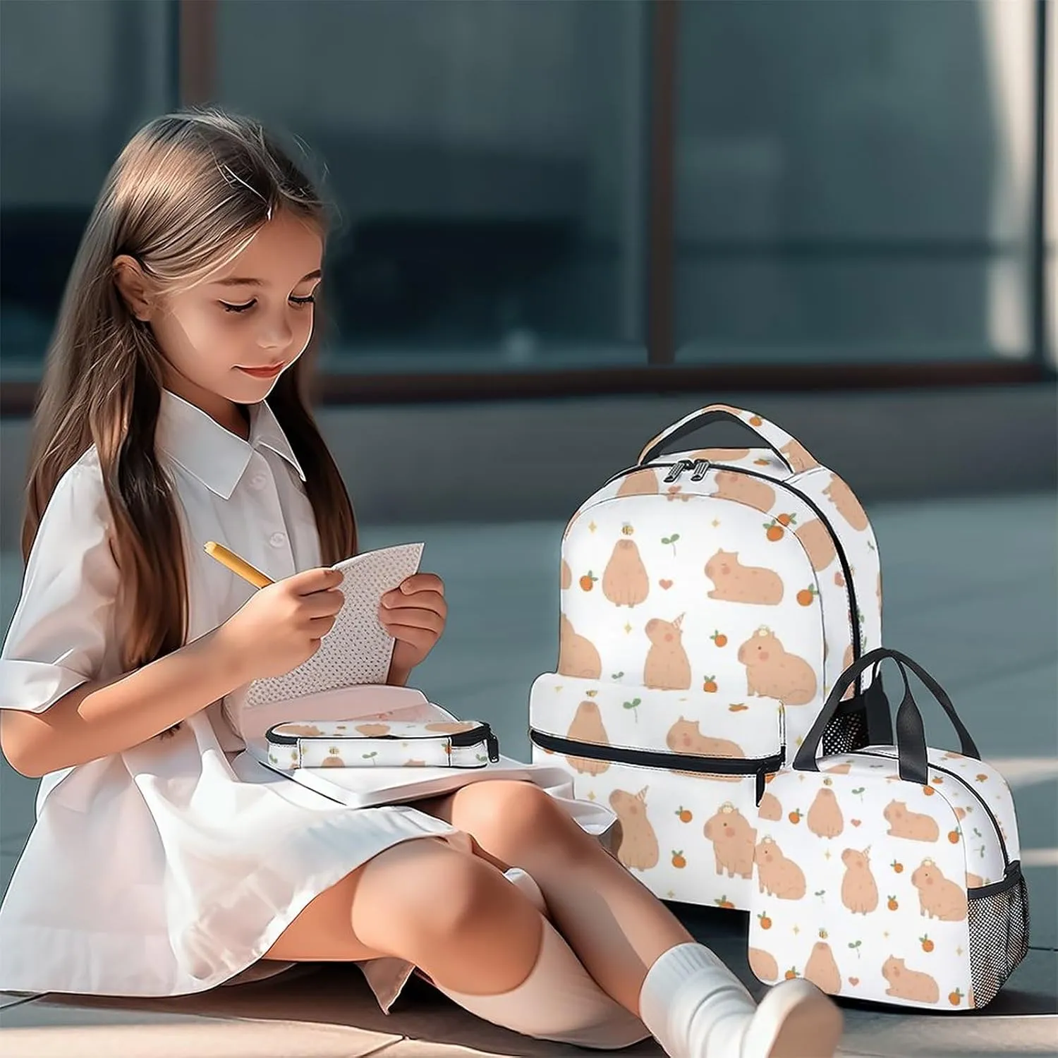 Backpack with Lunch Box Set for Girls, Boys - 3 in 1 Primary Middle School Backpacks Matching Combo - Large Capacity, Durable, Lightweight, Cartoon Bookbag and Pencil Case Bundle