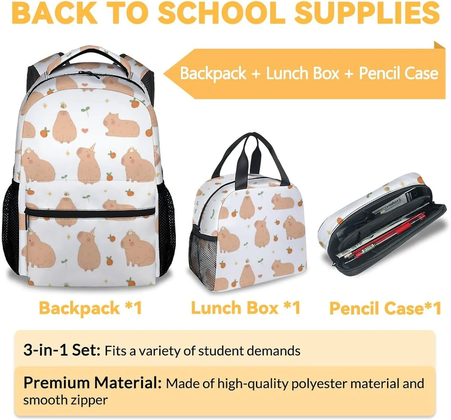 Backpack with Lunch Box Set for Girls, Boys - 3 in 1 Primary Middle School Backpacks Matching Combo - Large Capacity, Durable, Lightweight, Cartoon Bookbag and Pencil Case Bundle