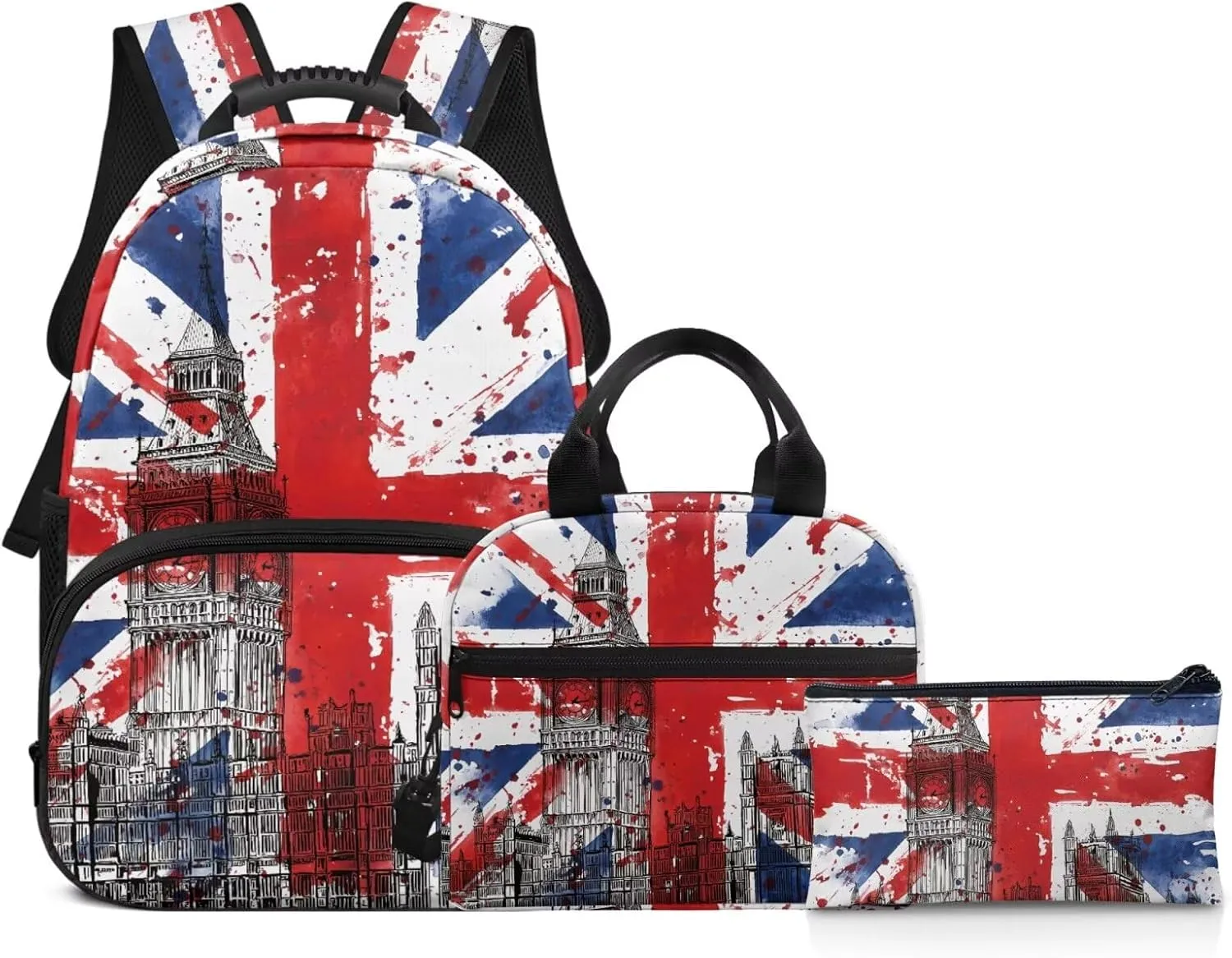 Backpacks for Boys Girls, British Flag 3 in 1 Bookbag with Insulated Lunch Box Pencil Case for Elementary Middle High School Student