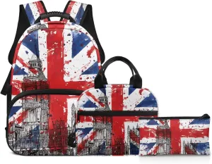 Backpacks for Boys Girls, British Flag 3 in 1 Bookbag with Insulated Lunch Box Pencil Case for Elementary Middle High School Student