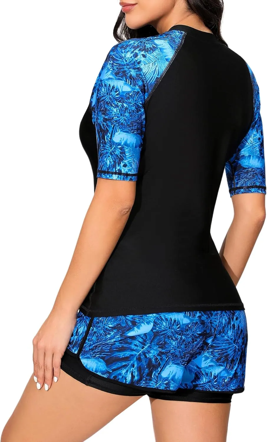 Bonneuitbebe Women 2 Piece UPF 50  Rash Guard Short Sleeve Half Zip Swim Shirt Built in Bra Swimsuit with Boyshort Bottom