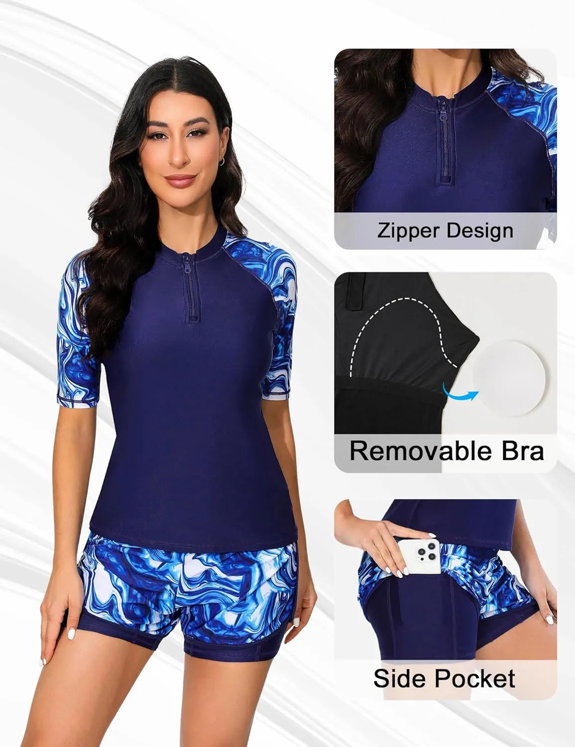 Bonneuitbebe Women 2 Piece UPF 50  Rash Guard Short Sleeve Half Zip Swim Shirt Built in Bra Swimsuit with Boyshort Bottom