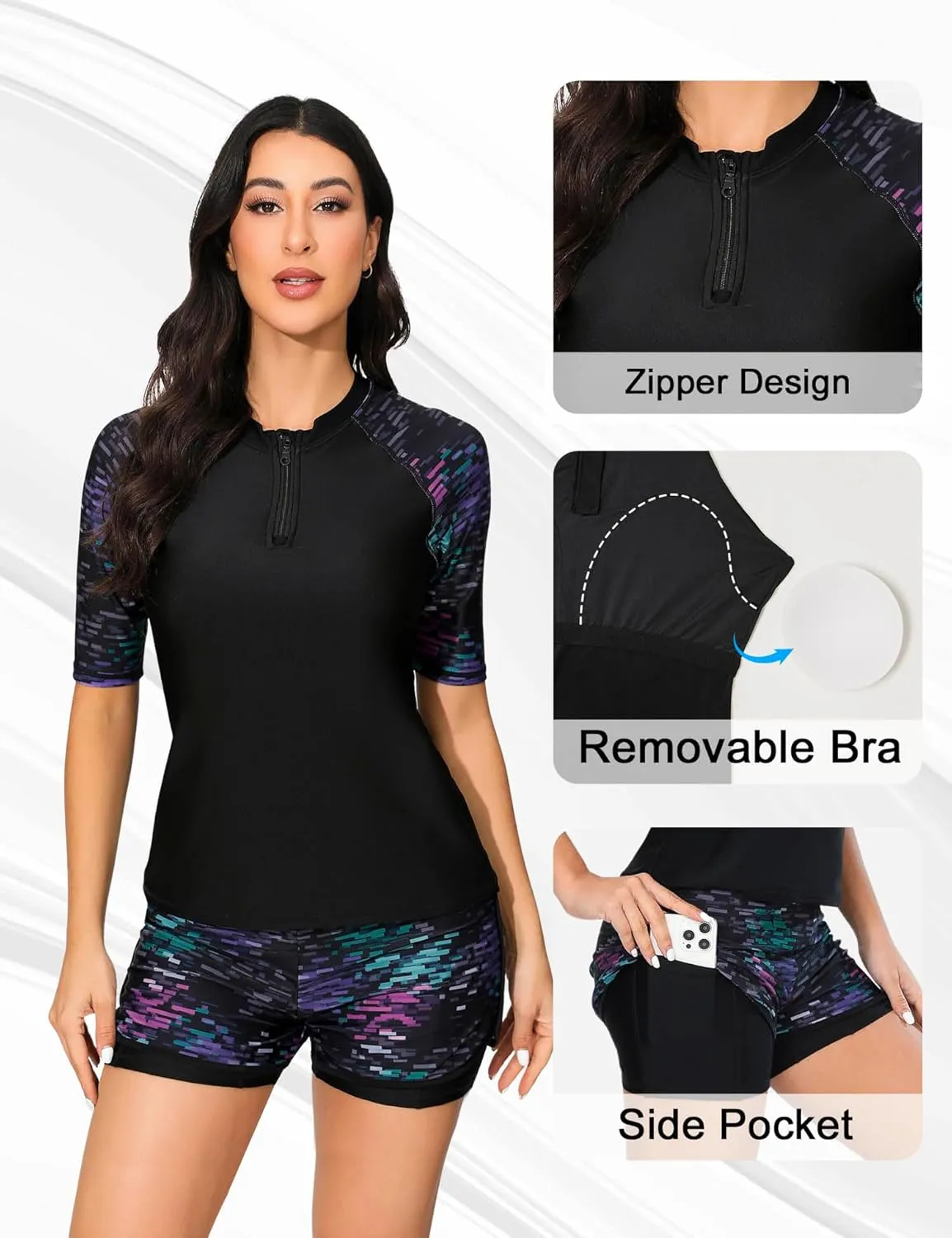 Bonneuitbebe Women 2 Piece UPF 50  Rash Guard Short Sleeve Half Zip Swim Shirt Built in Bra Swimsuit with Boyshort Bottom