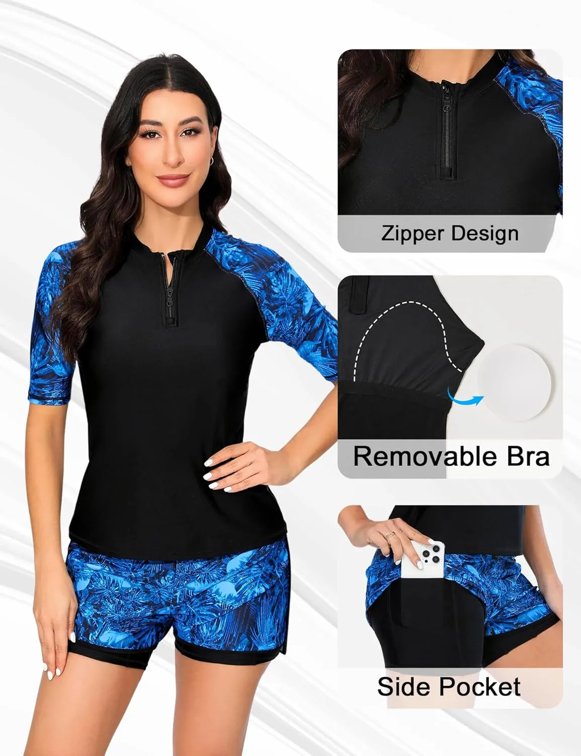 Bonneuitbebe Women 2 Piece UPF 50  Rash Guard Short Sleeve Half Zip Swim Shirt Built in Bra Swimsuit with Boyshort Bottom
