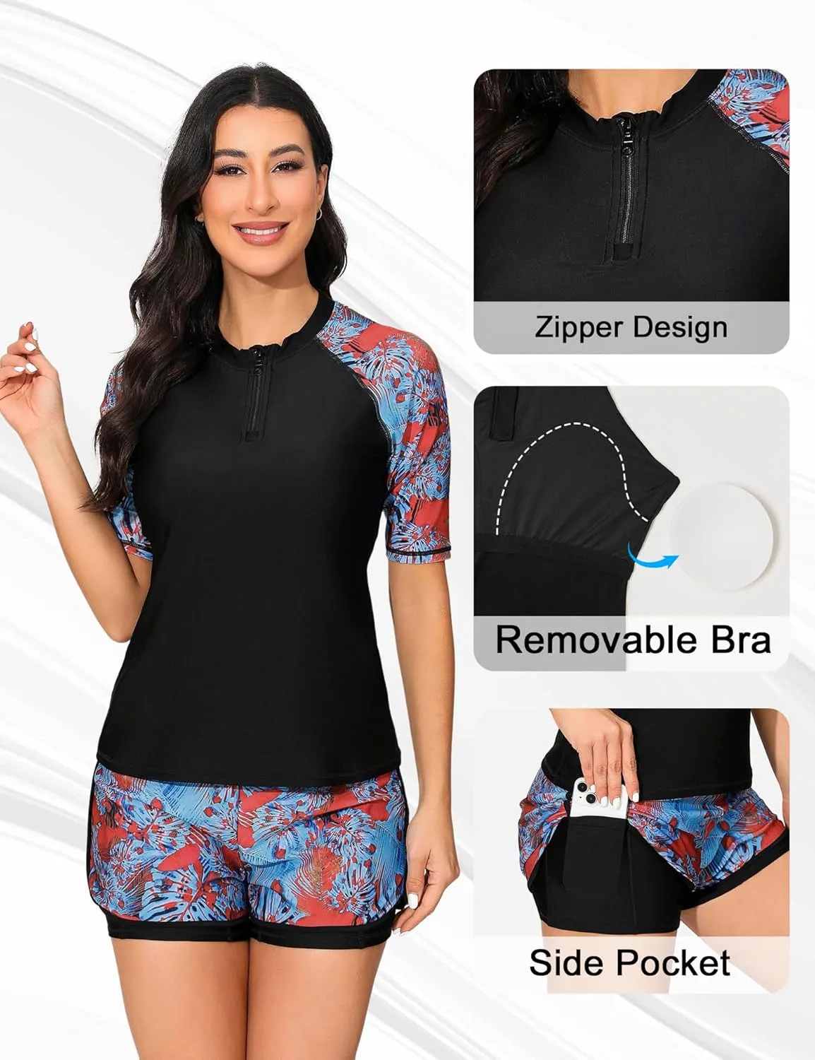 Bonneuitbebe Women 2 Piece UPF 50  Rash Guard Short Sleeve Half Zip Swim Shirt Built in Bra Swimsuit with Boyshort Bottom