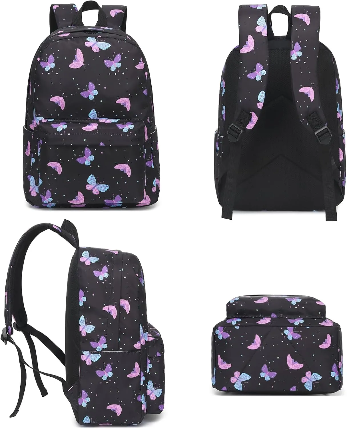 Butterfly School Backpack for Teen Girls, 3-in-1 Kids Backpack Bookbag Set School Bags with Lunch Box Pencil Case