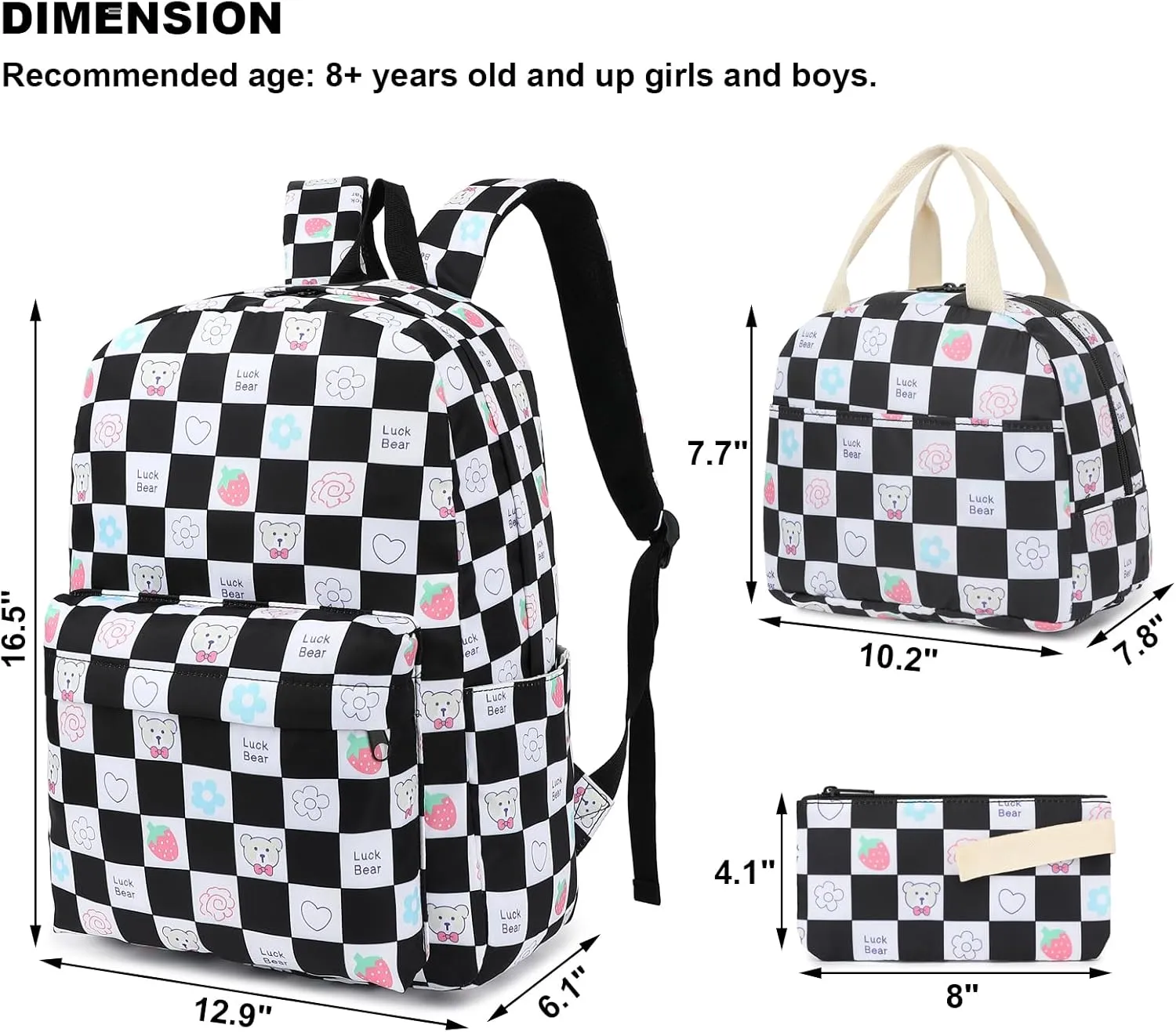 Checkered Bear School Backpack for Teen Girls, 3-in-1 Kids Backpack Bookbag Set School Bags with Lunch Box Pencil Case (Black)